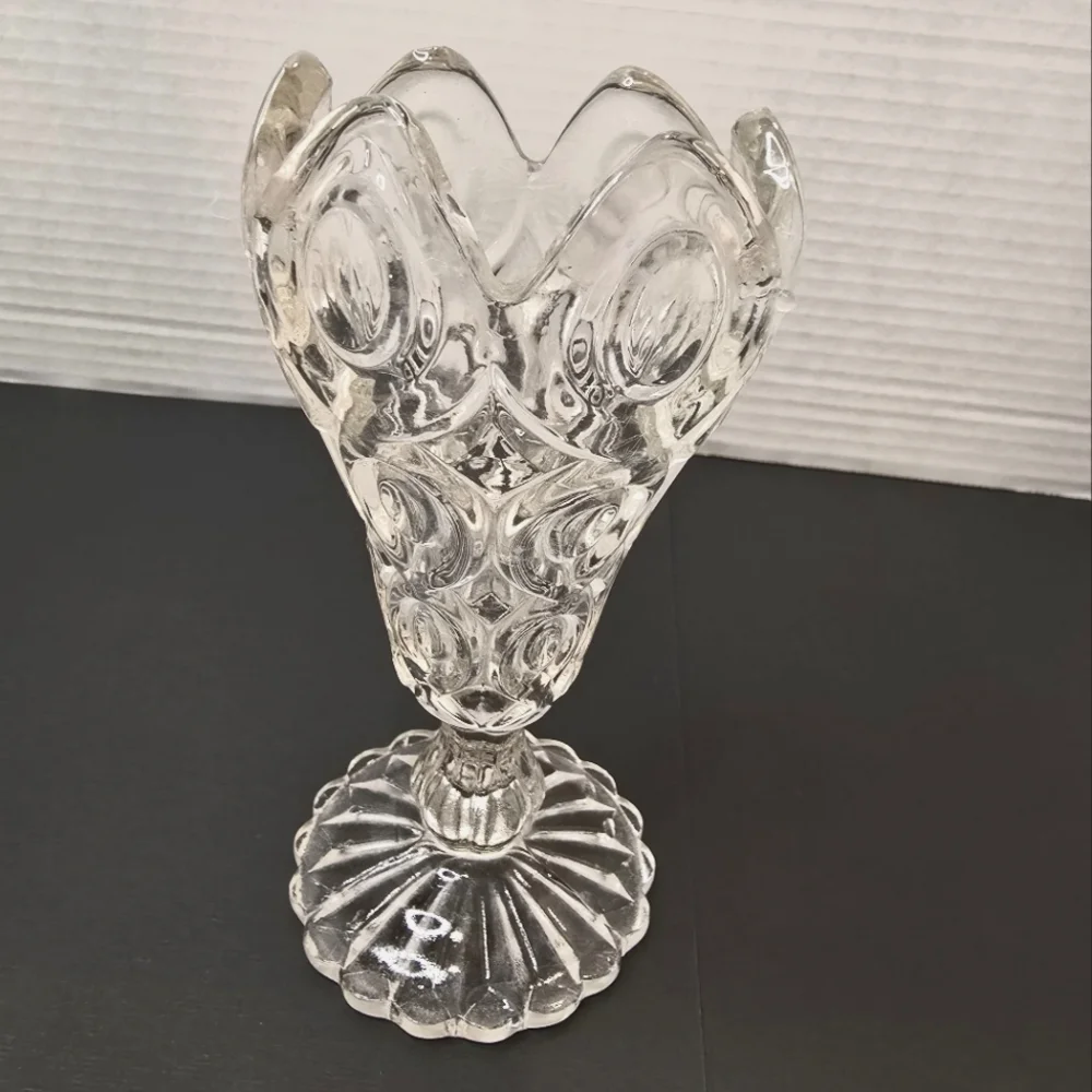 Vintage EAPG Clear Pressed Glass Vase Button Hobstar Compote 6 1/4